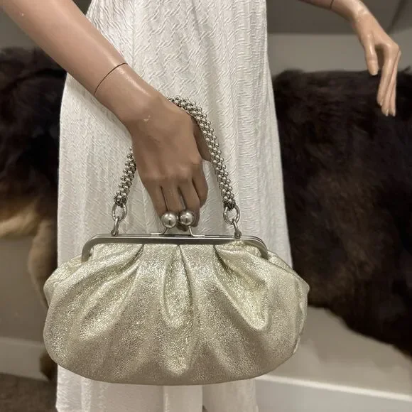 Silver Glitter Sheepskin Handmade Kisslock Slouchy Clutch/Wristlet/Crossbody
